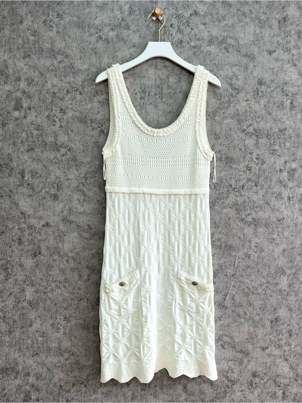 🚩steal CHANEL Cream Crochet Bodice Midi Dress